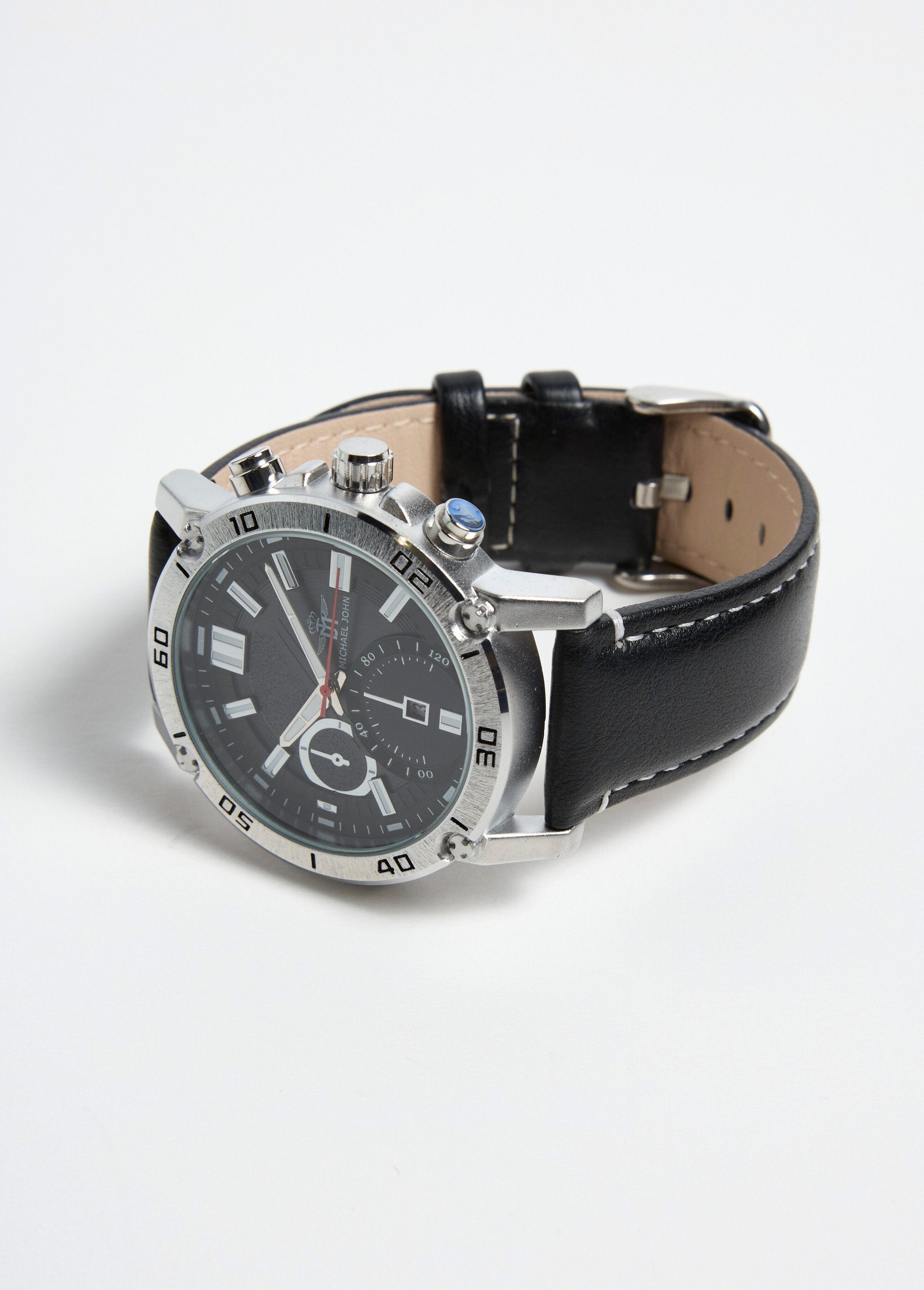 Reloj_cronógrafo_redondo_en_acero_inoxidable_y_piel._Negro_DE1_slim