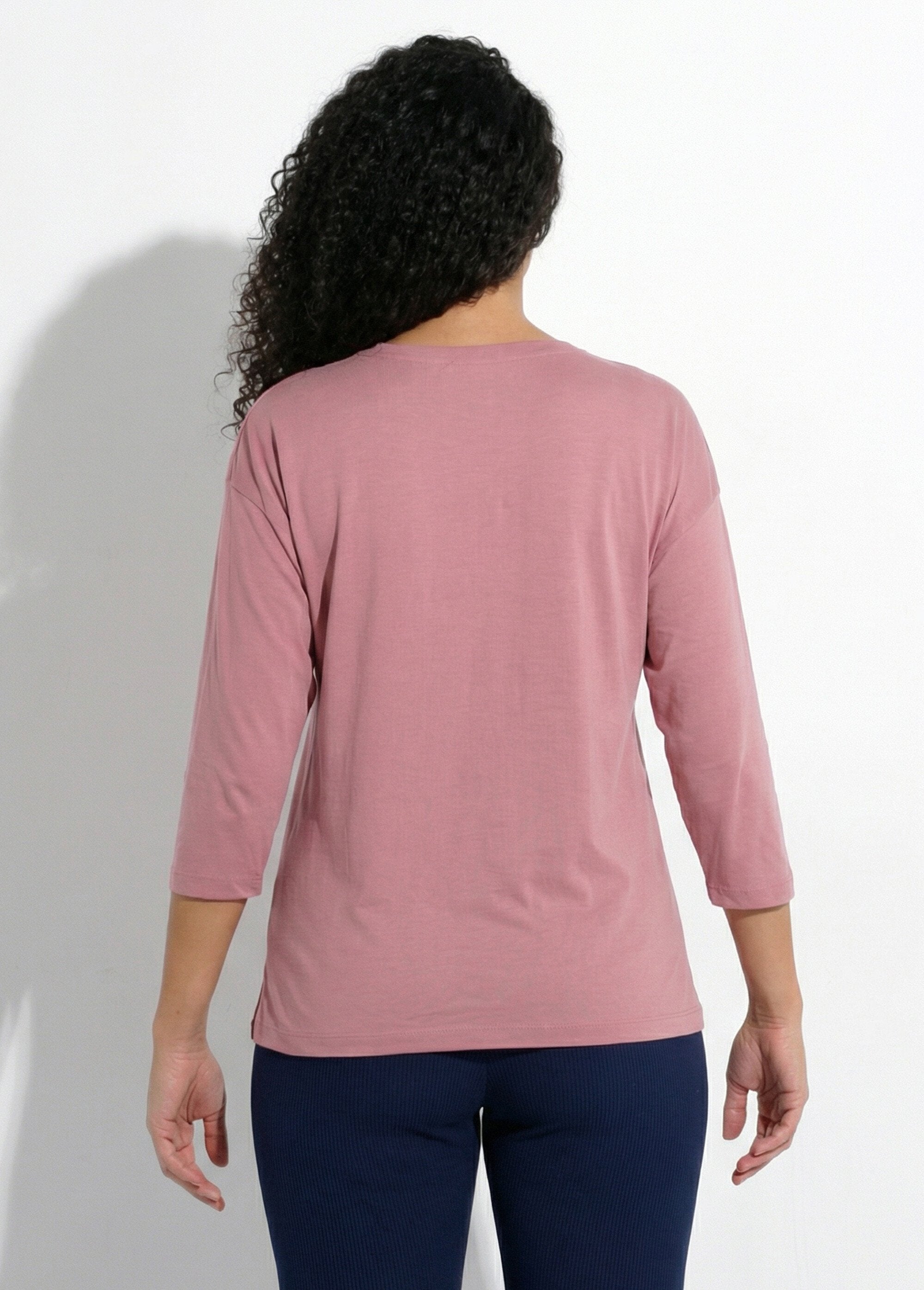 T-shirt_coton_uni_col_rond_manches_3/4_Rose_DO1_slim