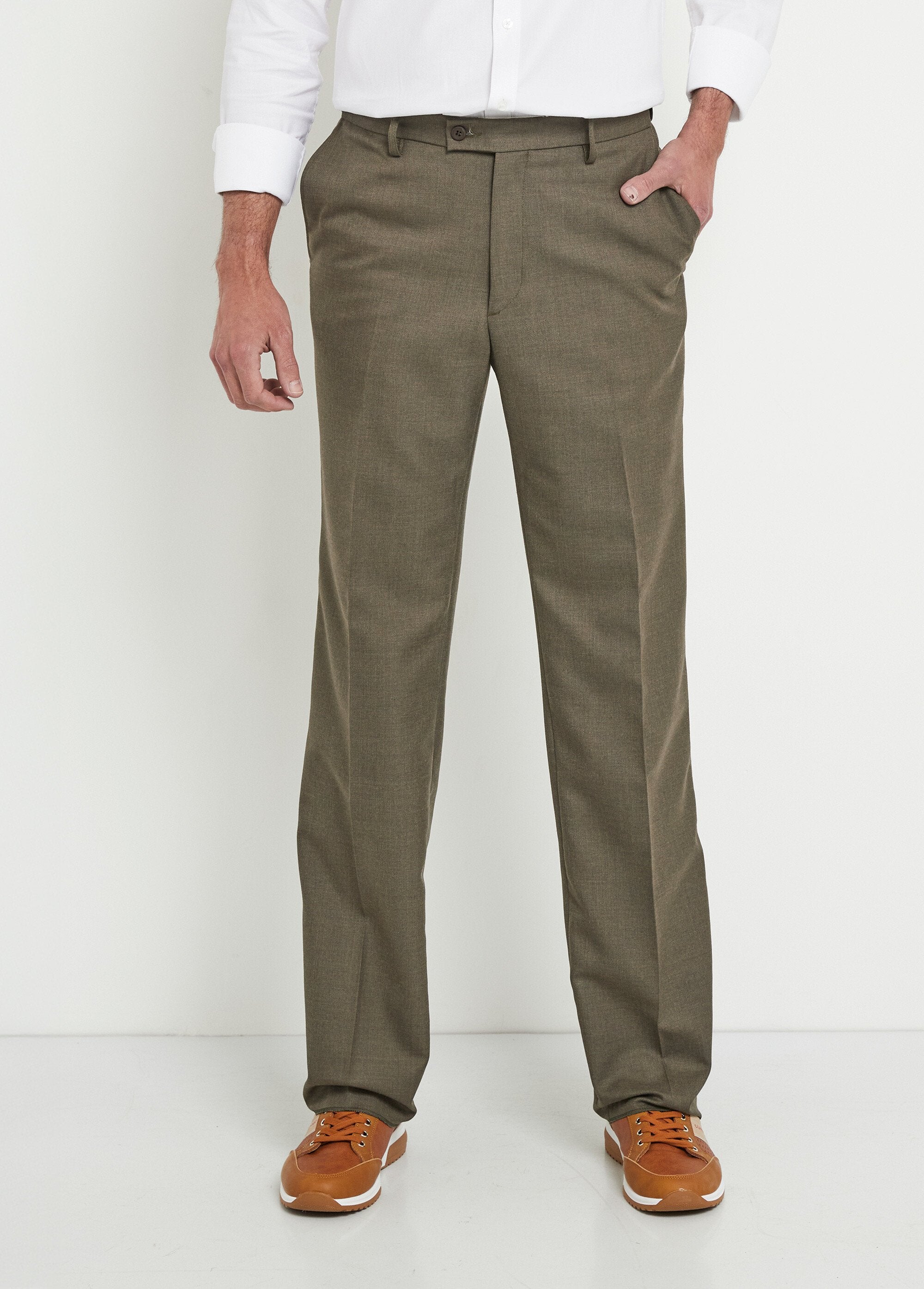 Pantalon_ceinture_ajustable_invisible_tissu_sergé_laine_Kaki_FA1_slim