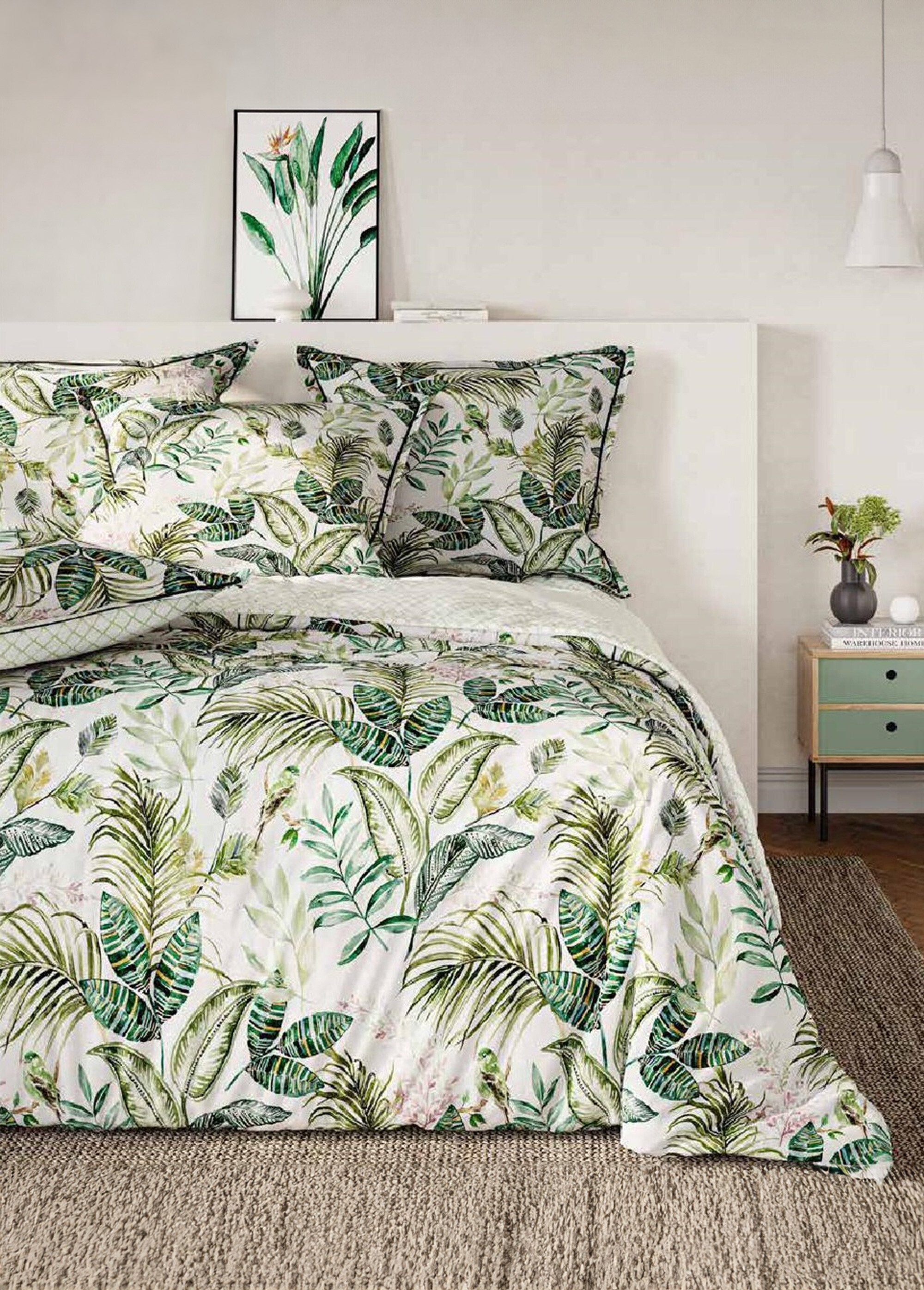 Juego_de_cama_de_4_piezas_con_sábana_encimera,_calathea_Imprimir_blanco_FA1_slim