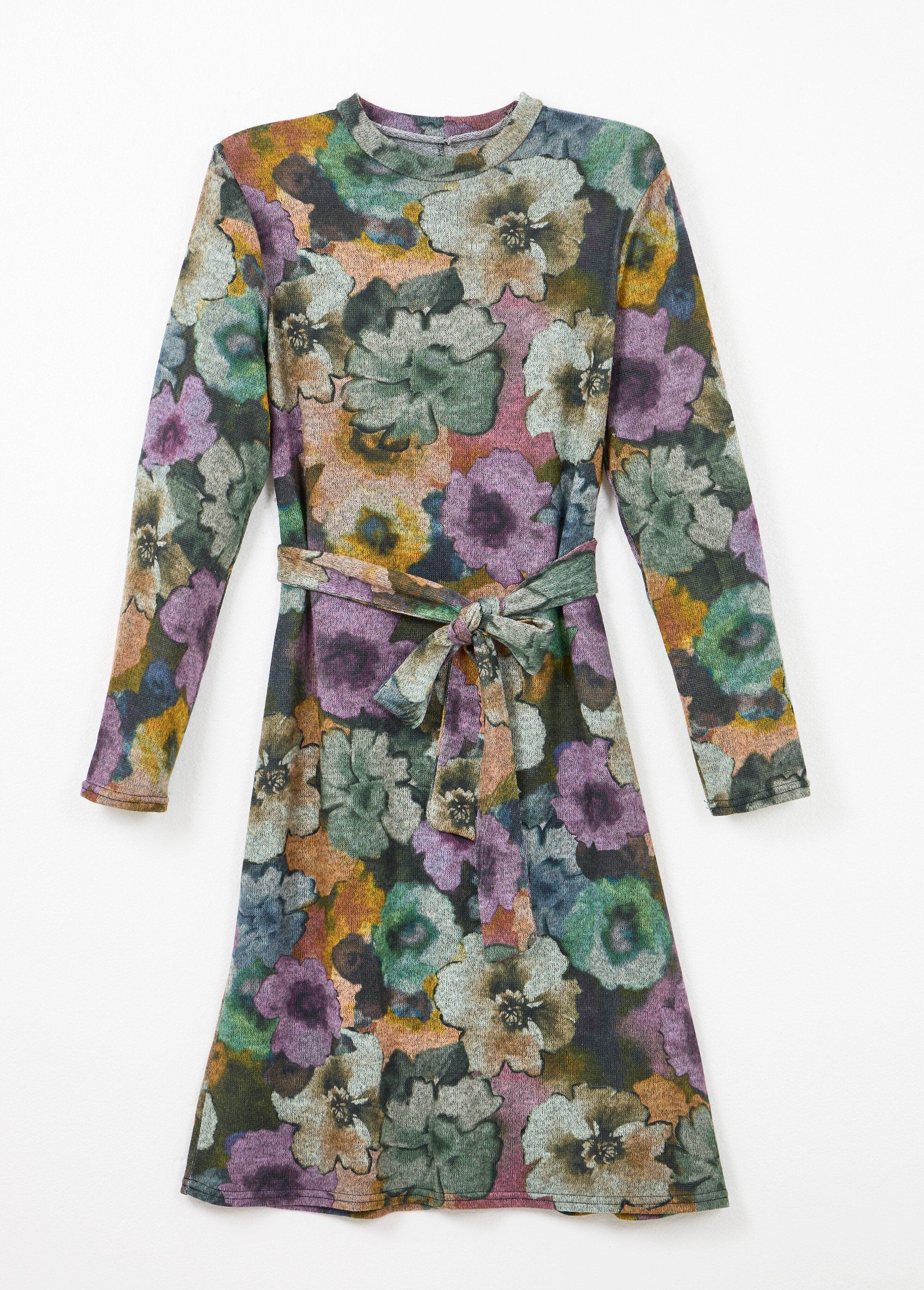 Robe_imprimée_droite_ceinturée_col_montant_maille_chaude_Gris_et_parme_AP1_slim