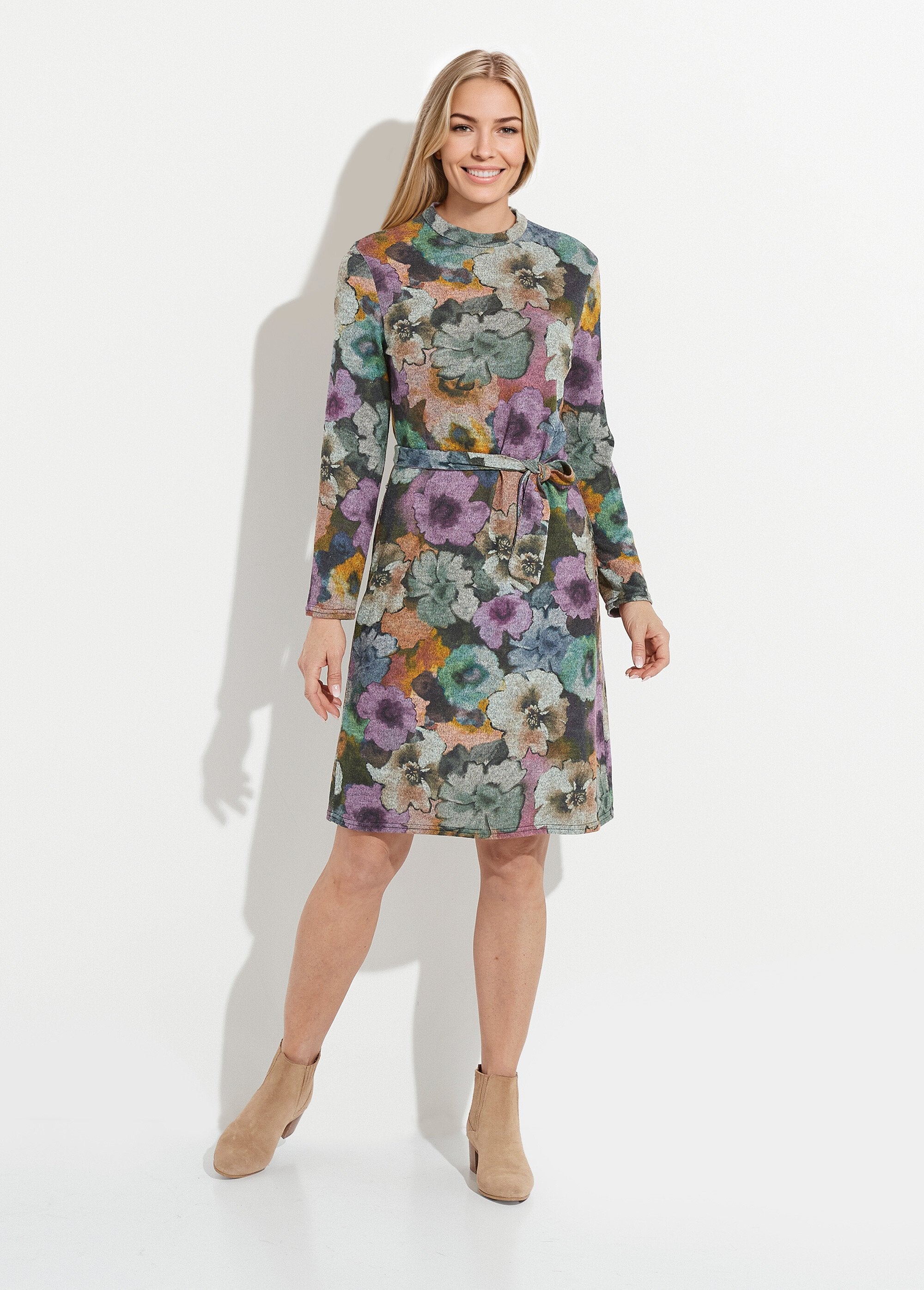 Robe_imprimée_droite_ceinturée_col_montant_maille_chaude_Gris_et_parme_FA1_slim