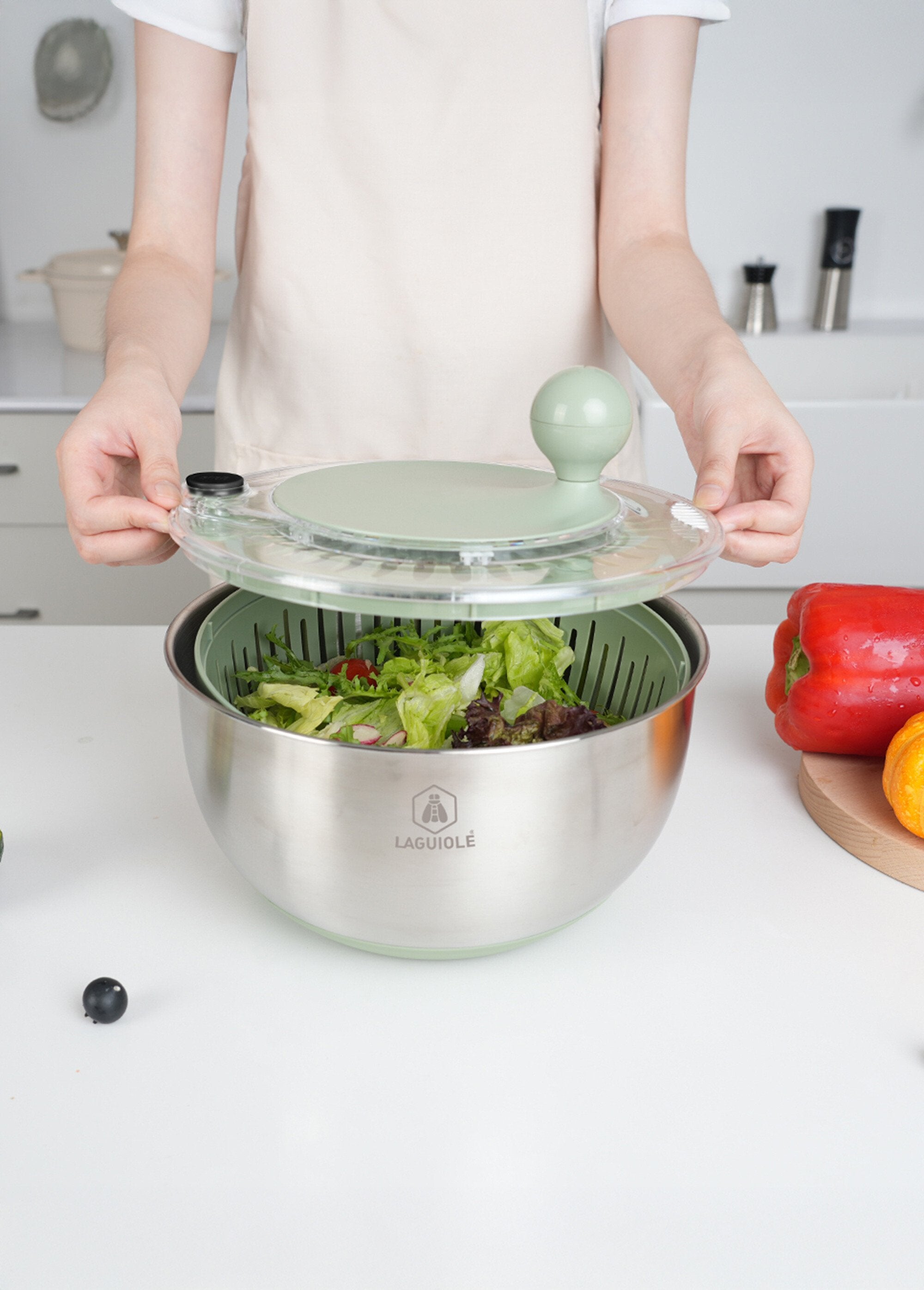 Saladier_inox/Essoreuse_à_salade_2_en_1_Olive_et_gris_DE2_slim
