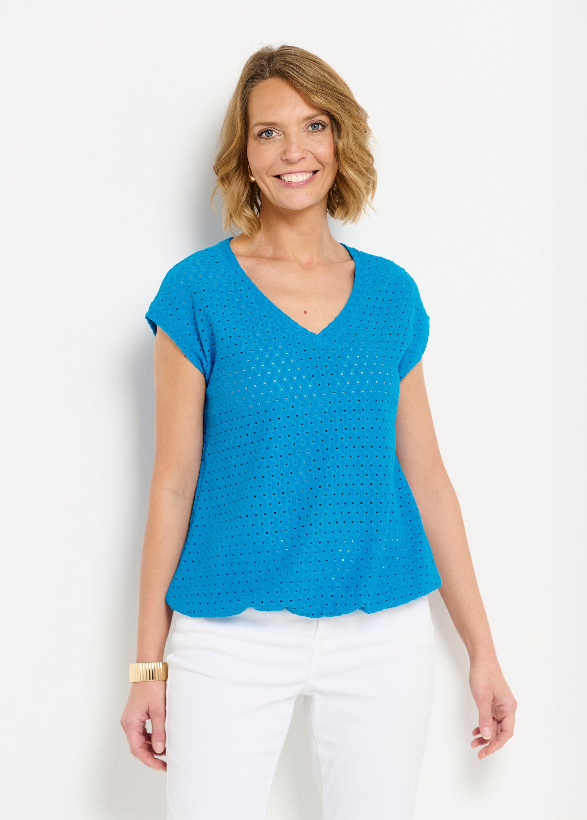 Camiseta_holgada_con_blusa_corta_lisa_de_cuello_en_V_Turquesa_FA1_slim