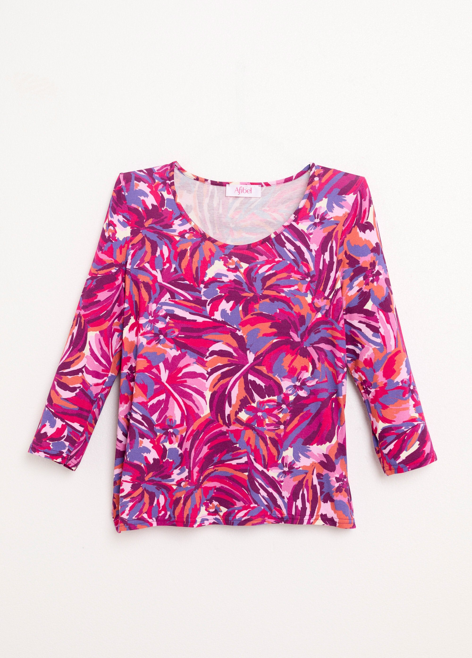 Camiseta_de_cuello_redondo_con_mangas_3/4_Estampado_fucsia_AP1_slim
