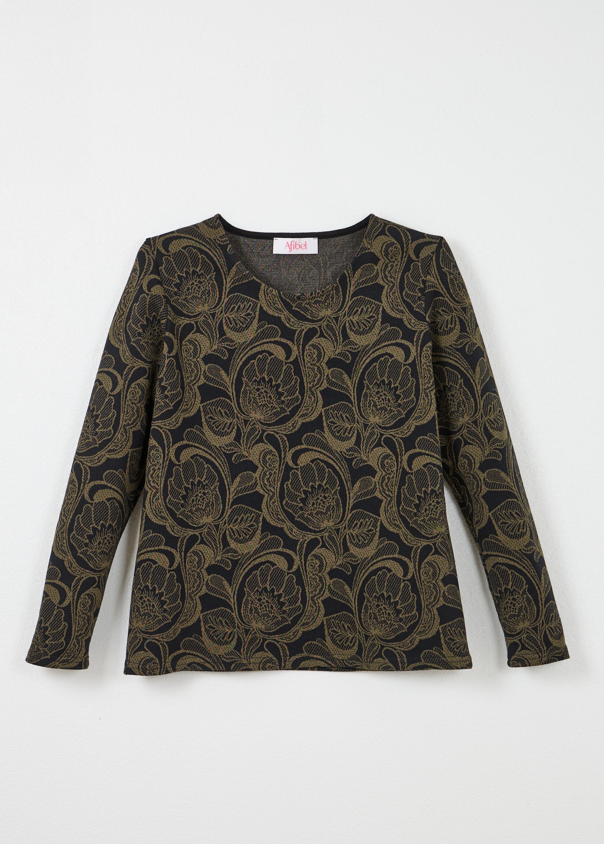 Camiseta_de_jacquard_floral_con_cuello_redondo_Negro_y_camello_AP1_slim