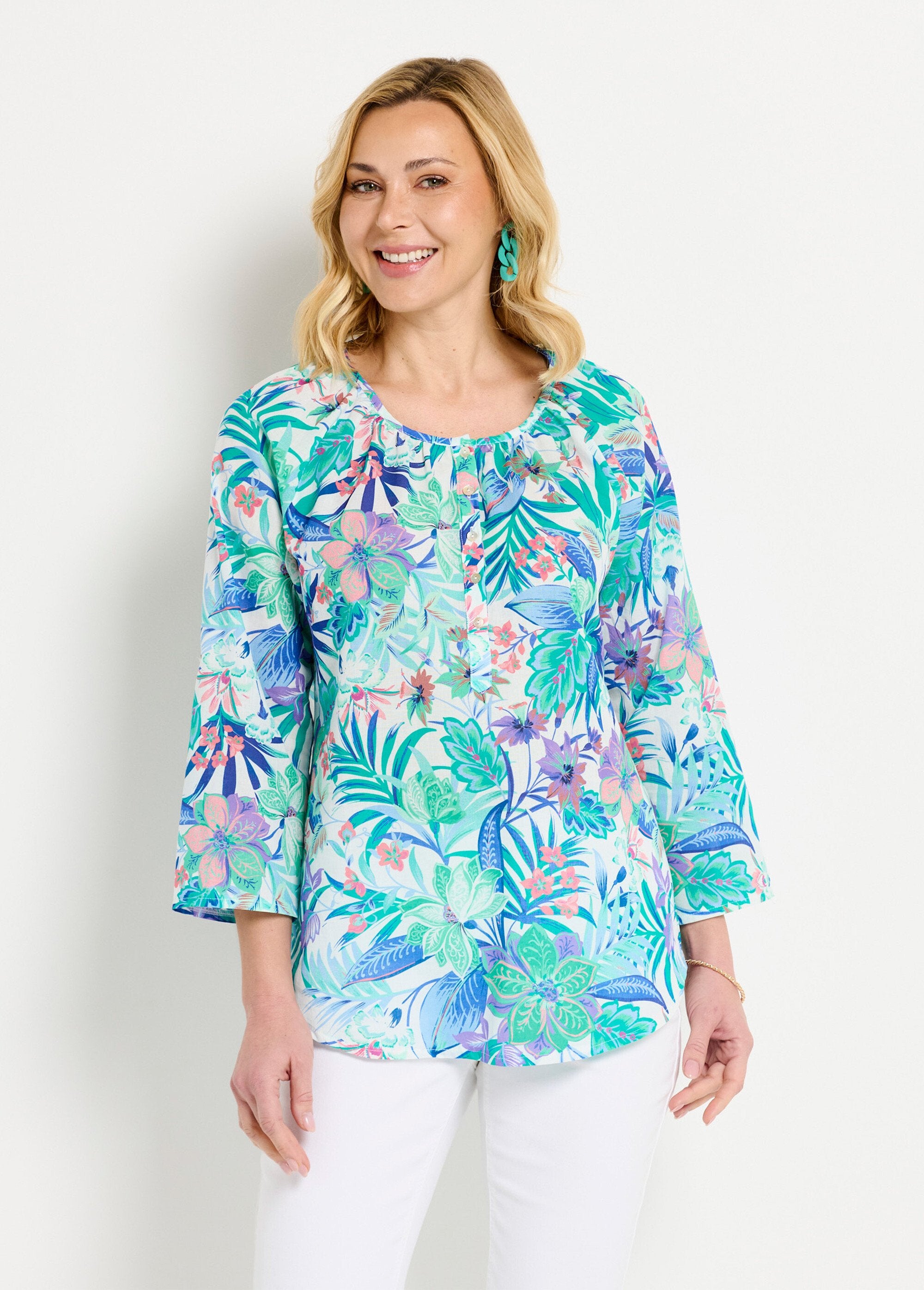 Túnica_holgada_de_voile_de_algodón_estampado_con_mangas_3/4_Multicolor_FA1_slim