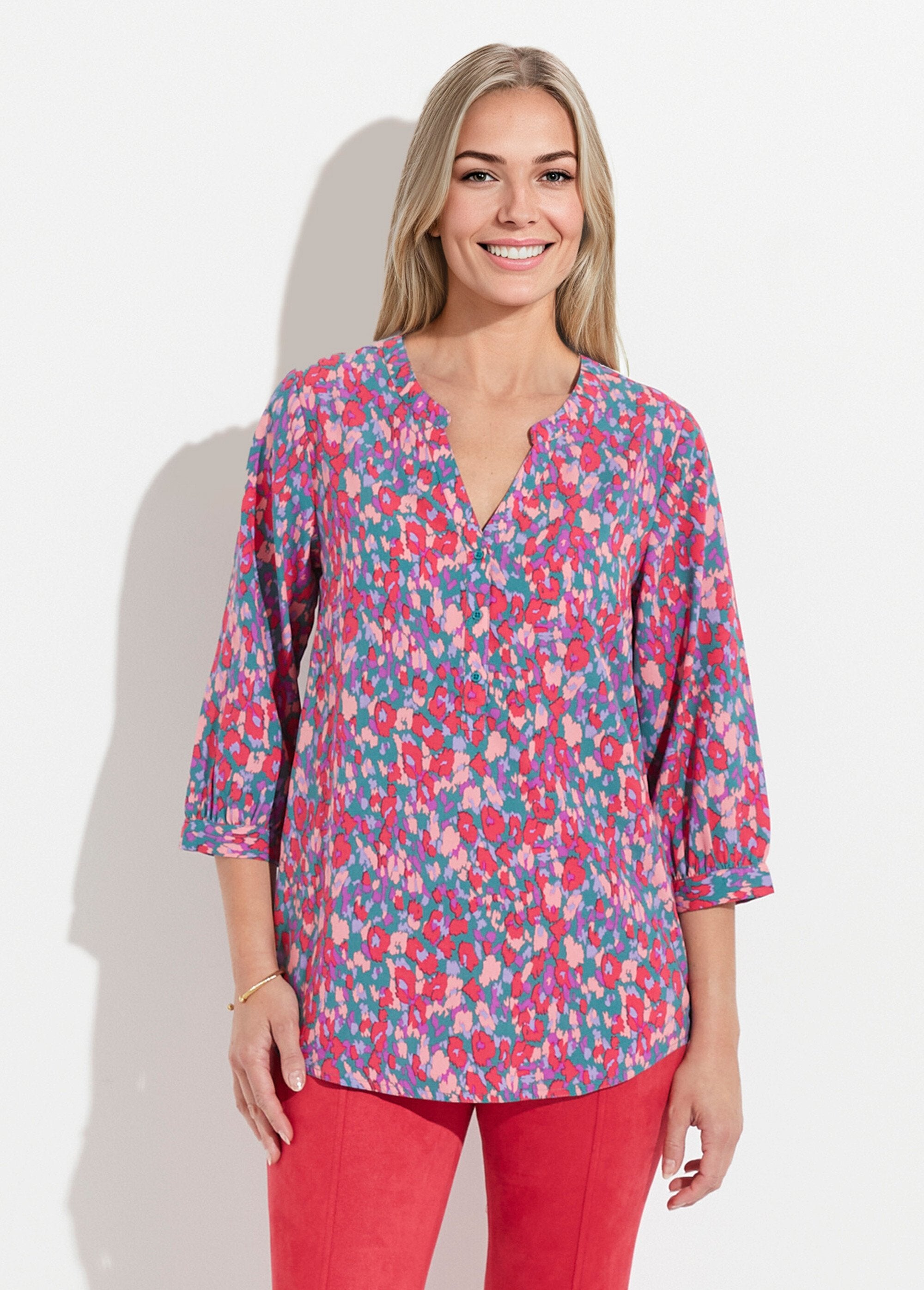 Tunique_boutonnée_ample_longue_manches_3/4_Vert_et_rose_FA1_slim