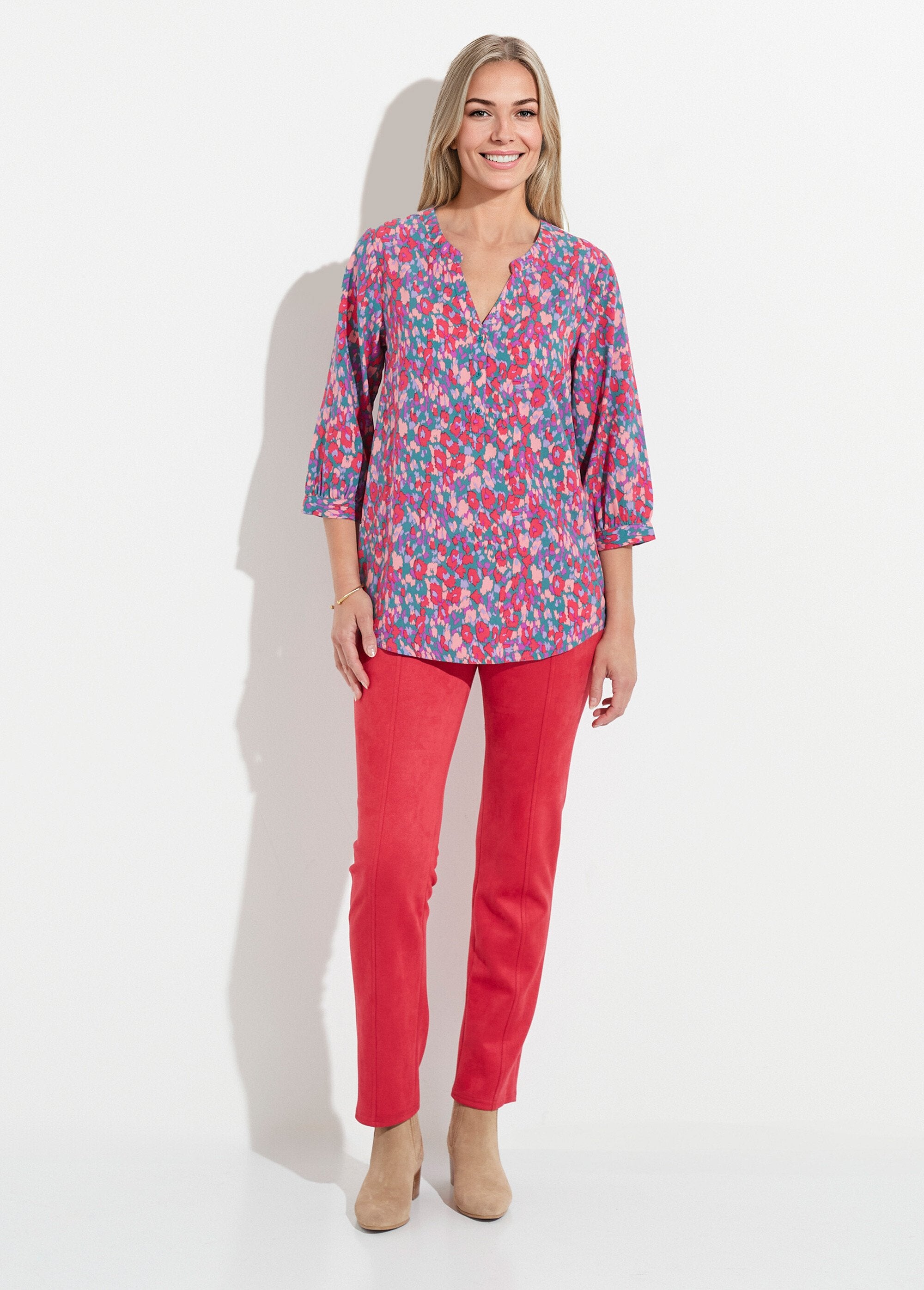 Tunique_boutonnée_ample_longue_manches_3/4_Vert_et_rose_SF1_slim