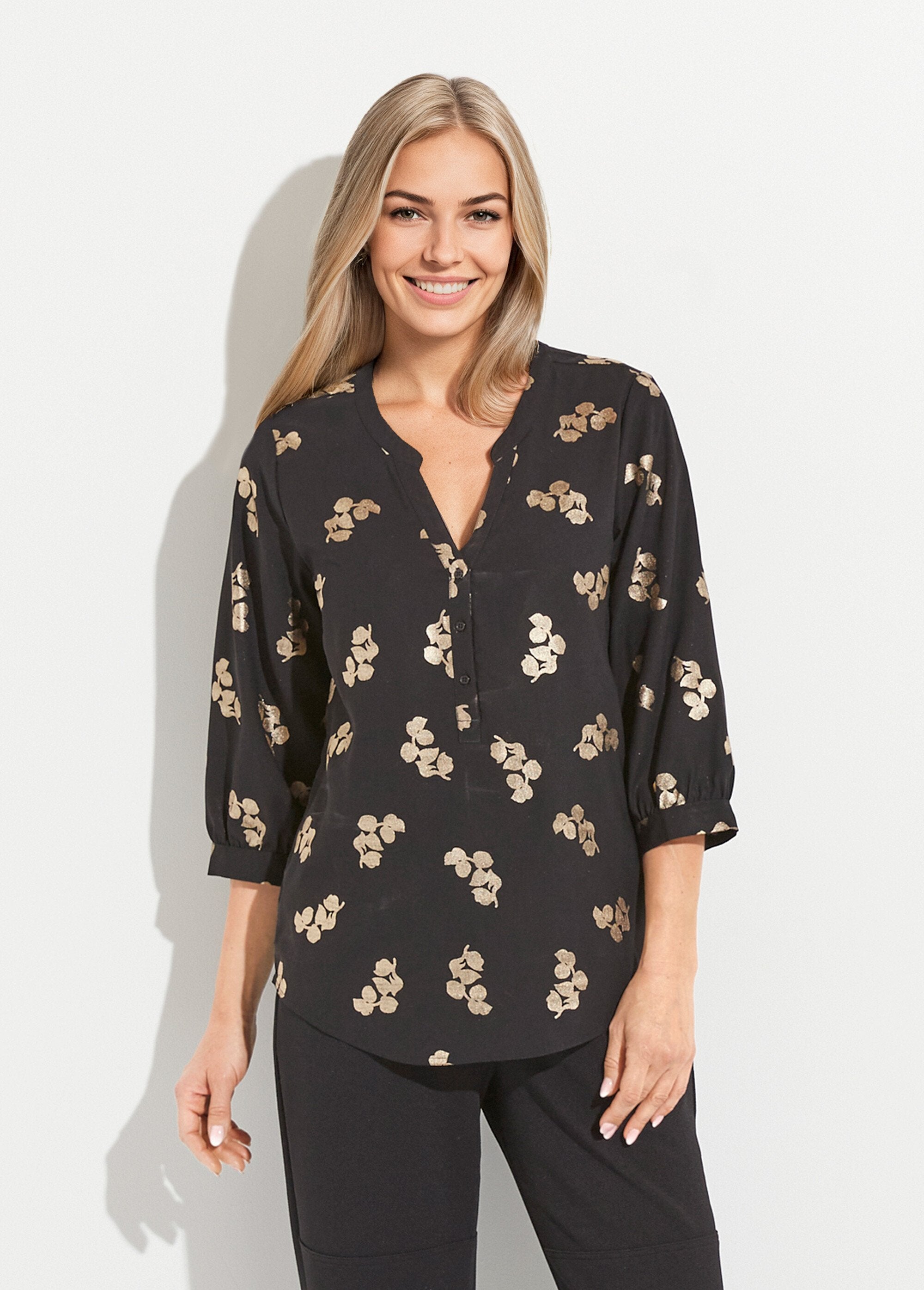 Tunique_boutonnée_ample_longue_manches_3/4_Noir_FA1_slim